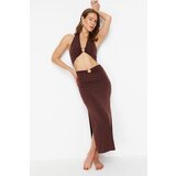 Trendyol Brown Fitted Knitted Blouse Skirt Set with Accessories cene