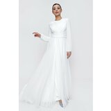 By Saygı Lined Long Chiffon Dress Ecru with Gathered Waist Belt Cene