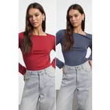 Trendyol Red-Anthracite Double Pack Boat Neck Fitted/Body-Smoothing Knitted Blouse Cene