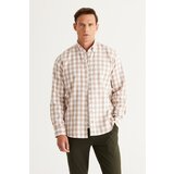 ALTINYILDIZ CLASSICS Men's Ecru-Brown Comfort Fit Flannel Lumberjack Shirt with Buttoned Collar. Cene