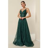 By Saygı Lined With Rope Straps, Embroidery Sequin Long Dress With Beading Detail Emerald Cene