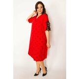 Şans Women's Plus Size Red Woven Viscose Fabric V Neck Lace Detailed Dress cene