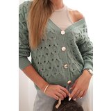 Kesi Włoski Women's openwork sweater with a V-neck and golden buttons dark mint | shoptok.hr