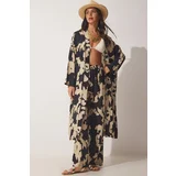  Women's Black Beige Patterned Viscose Kimono Palazzo Pants Suit