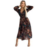 Numoco Pleated chiffon long dress with a neckline, long sleeves and belt Cijene