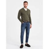 Ombre Men's sweater with v-neck with shirt collar - dark olive | shoptok.hr