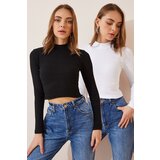 Happiness İstanbul Women's Black and White 2 Pack Ribbed Turtleneck Crop Knitted Blouse Cene