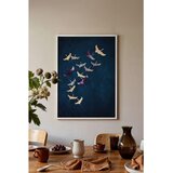 Wallxpert uramljena slika 115200, jato zlatnih i ljubičastih ždralova na tamnoplavoj pozadini, 50 x 70 cm, beli ram u