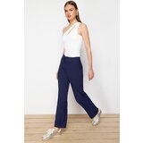 Trendyol Navy Blue Ribbed High Waist Straight/Straight Fit Woven Trousers Cene