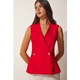 Happiness İstanbul Women's Red Double Breasted Vest with Buttons Woven