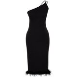 Trendyol Black Fitted Elegant Evening Dress with Woven Otriches Cene