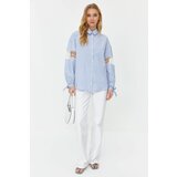 Trendyol Blue Cotton Blend Striped Woven Shirt with Embroidery Detail on Sleeve Cene