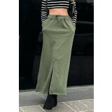 Madmext Women's Khaki Green Midi Skirt with a Slit Detail cene