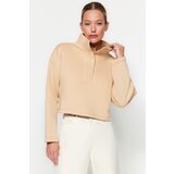Trendyol Mink Relaxed Cut Crop Stand Collar Snap Fastener Thick Inside Fleece Knitted Sweatshirt Cene
