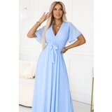 numoco basic 545-2 Long dress with pleated neckline and tie - light blue | shoptok.hr