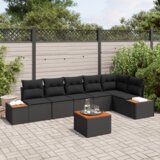 vidaXL 7-delna vrtna sedežna garnitura z blazinami Črni poli ratan akacija | Shoptok.si