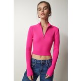  Women's Pink Zipper Ribbed Crop Knitwear Sweater | shoptok.hr