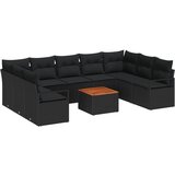 vidaXL 10-dijelni set sofe za vrt s jastučićima Crna Poli ratan Akacija, dvosjedna vanjska sofa s jastučićima Crna Poli ratan Cijene