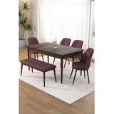 Hanah home trpezarijski set Pir, sto, 4 stolice i klupa, ploča u dekoru drveta Baroque, puder roze tkanina Babyface | Eponuda.com