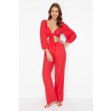 Trendyol Red Woven Tie-Down Blouse and Trousers Set cene