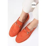 Mio Gusto Claire Genuine Suede Orange Color Oval Toe Buckle Accessory Women's Loafer Shoes