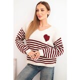 Kesi Włoski Women's striped sweater with a heart, made of mohair and featuring a V-neck, burgundy Cene