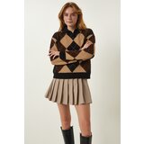  Women's Black Biscuit Polo Neck Diamond Patterned Knitwear Sweater Cene