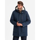 Ombre Men's long parka sherpa jacket – navy blue Cene