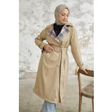 InStyle Eleta Double Breasted Collar Checked Trench Coat - Beige