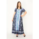 Şans Women's Plus Size Blue V-Neck Tie-Dye Pattern Long Dress