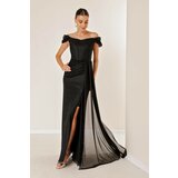 By Saygı Low Sleeves Front Draped and Lined Underwire Long Glittery Dress Black Cene