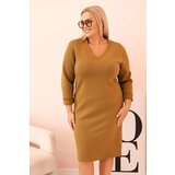 Kesi Włoski Plus Size women's dress with a V-neck and sleeves in olive, butter color Cene