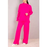 armonika Women's Fuchsia Thick Ribbed High Collar Buttoned Knitwear Suit