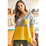 Olalook Women's Yellow Gray V-Neck Color Block Soft Textured Knitwear Sweater with Pocket Cene
