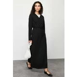 Trendyol Black Double Breasted Neck Belted Plain Knitted Dress