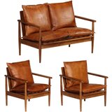  3-dijelni set sofa od prave kože i masivnog drva bagrema smeđi | shoptok.hr
