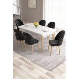 Hanah home trpezarijski set Roz, sto na razvlačenje i 6 stolica, bela ploča, noge u prirodnoj boji drveta, crna tkanina Babyface | Eponuda.com
