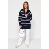 Trendyol Dark Navy Striped Collar Zippered Knitwear Sweater | Shoptok.si