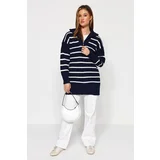 Trendyol Dark Navy Striped Collar Zippered Knitwear Sweater