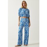 Happiness İstanbul Women's Blue White Patterned Blouse Palazzo Knitted Suit Cene