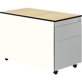 mauser Predalnik s kolesi, V x G 573 x 800 mm, 1 predal za material, 1 predal za obešalne mape, čista bela / aluminijasto siva / javor | Shoptok.si