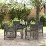 vidaXL 5 kom. blagovaonski set za vrt s jastučićima siva poli ratan, blagovaonski stol crn 80x80x73 cm staklo otporno na udarce | shoptok.hr
