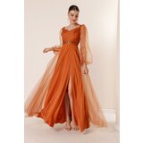 By Saygı Front Back V-Neck Waist with Stones and Draped Lined Long Tulle Dress cene