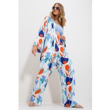 Trend Alaçatı Stili Women's Blue Kimono Jacket And Palazzo Pants Suit cene