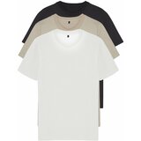 Trendyol Stone-Ecru-Anthracite Men's Basic Slim Fit 100% Cotton 3-Pack T-Shirt Cene