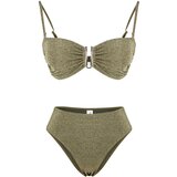 Trendyol Khaki Plain Strapless Accessory Glitter High Waist High Leg Brazilian Bikini Set | Shoptok.si