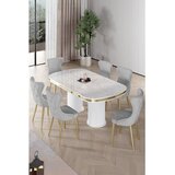 Hanah home trpezarijski set Galya, sto i 6 stolica, ploča u dekoru belog mermera, zlatne noge, siva tkanina Babyface | Eponuda.com