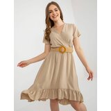 Fashion Hunters Beige dress with frill and belt Cene