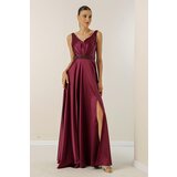 By Saygı V-Neck Thick Strap Waist Beaded Lined Wide Size Long Satin Dress | Shoptok.si