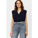 Trendyol Navy Blue Waistband Double Breasted Neck Flexible Snaps Knitted Bodysuit